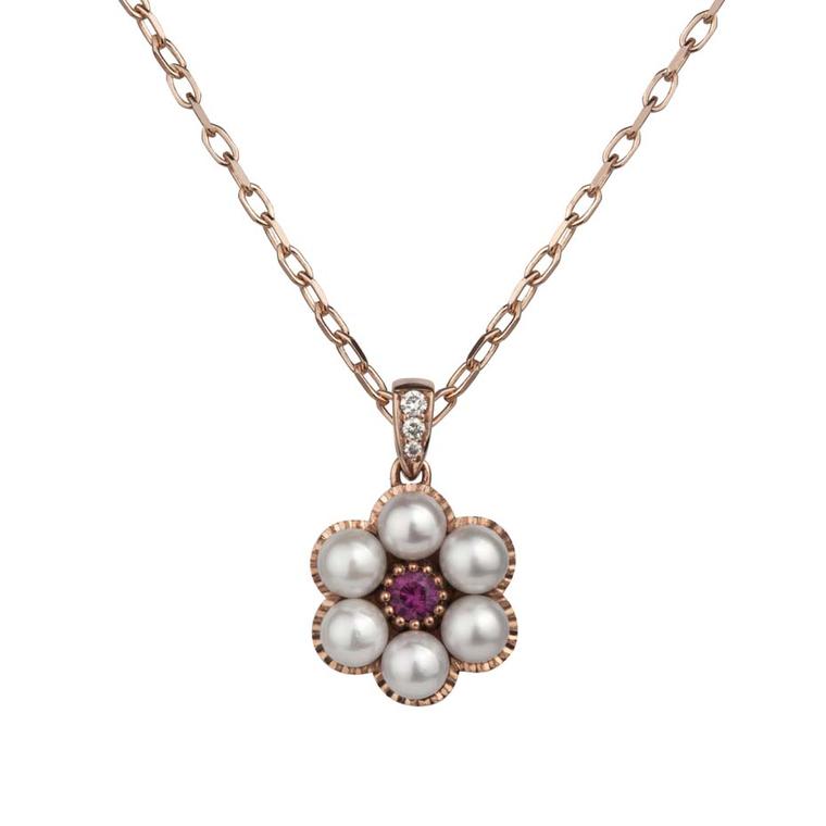 Stephen Einhorn rose gold, Akoya pearl and ruby pendant necklace, from the new Posey collection (£1,361).